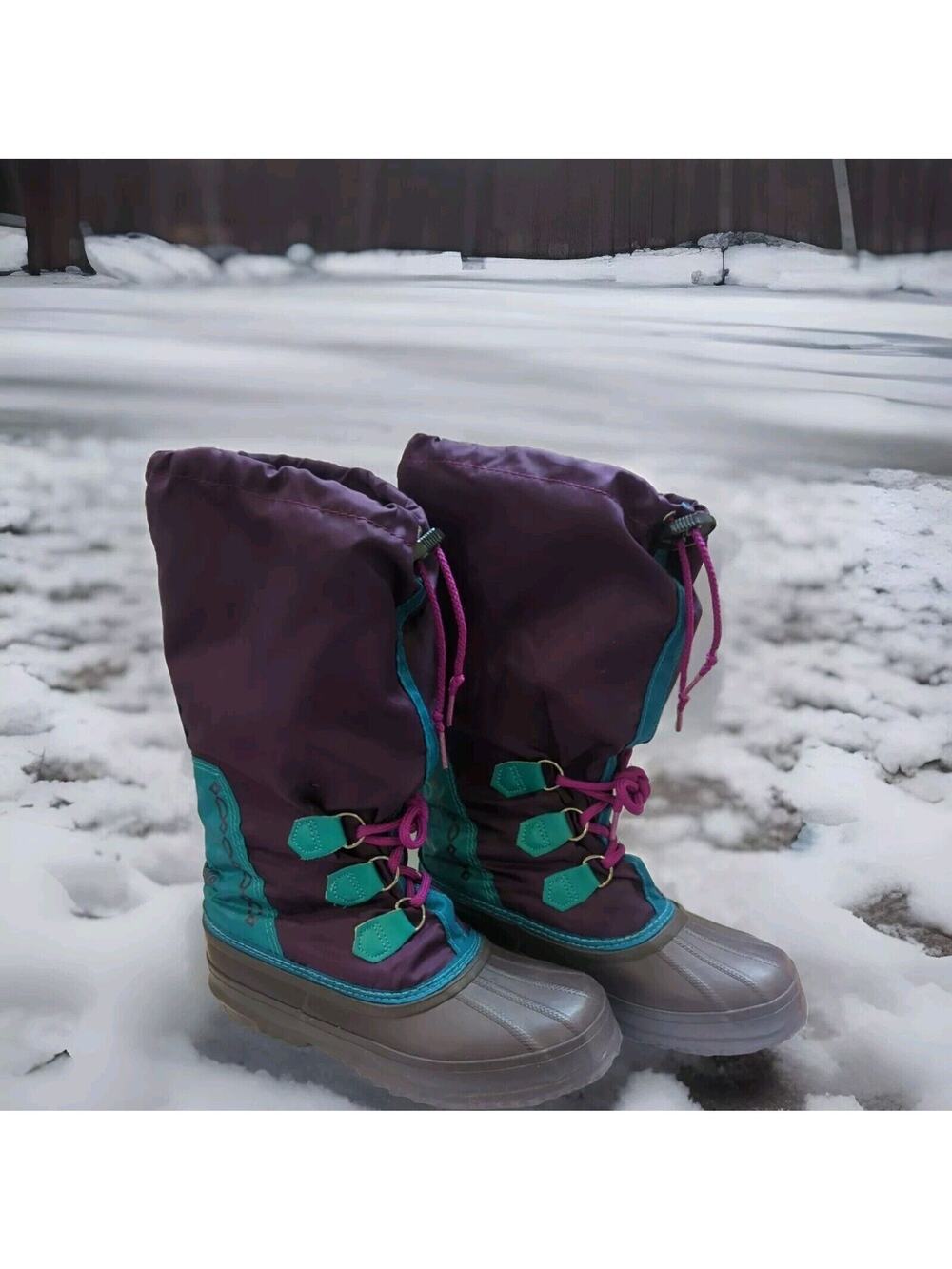 VTG Sorel 15" Winter Boots Women's Size 7 US Teal Purple Felt Lined Rubber Snow